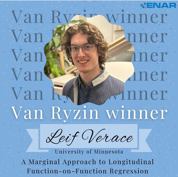 Graphic featuring a photo of award winner Leif Verace and the title of his paper, "A Marginal Approach to Longitudinal Function-on-Function Regression"