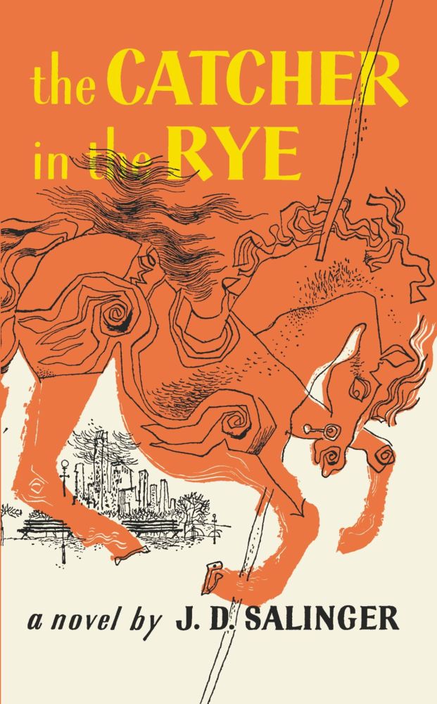 Cover of JD Salinger’s novel, ‘The Catcher in the Rye’.  Features an illustration of a red carousel horse.  