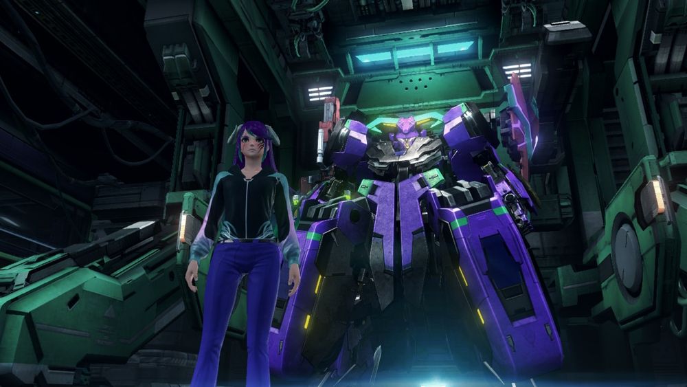 A shot of the player character in a black hoodie and vivid purple pants, standing in front of their purple and green Amdusias 50 Skell