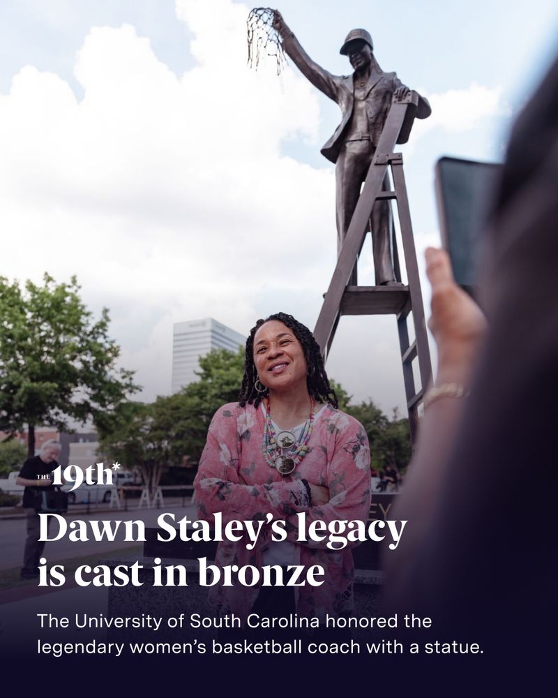Image of Dawn Staley standing in front of a statue with the image of someone holding a phone in the foreground. Below the image is text that reads: Dawn Staley’s legacy is cast in bronze The University of South Carolina honored the legendary women’s basketball coach with a statue.