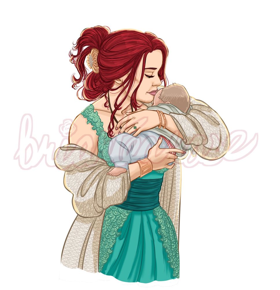 Drawn artwork. A depiction of Amber Heard's Mera on a white background, holding their son Arthur Jr. She wears a loose beige sweater, gold jewelry, and a teal dress referenced from the comics. Her long red hair is loosely pulled back with a seashell clip. She's kissing Junior on the forehead. Junior is wearing a light grey hoodie, a red and white striped shirt, and little grey-blue sweatpants. There is a watermark of the artist, briartearose, overlaying them.