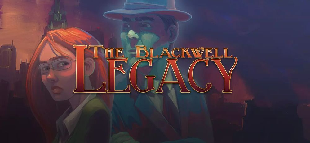 Cover art for the video game 'The Blackwell Legacy', showing its two protagonists: a red-headed woman in her twenties and a male ghost looking distinguished in a roaring 20's suit and fedora.