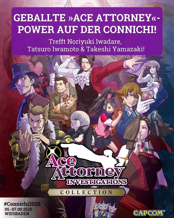 Ein Bild des Spiels Ace Attorney Investigations Collections. Der Text dazu: Geballte Ace Attorney Power auf der Connichi! Trefft Noriyuki Iwadare, Tatsuro Iwamoto & Takeshi Yamazaki!