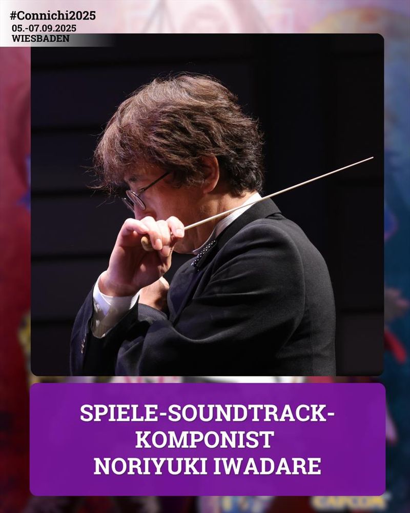 Spiele-Soundtrack-Komponist Noriyuki Iwadare auf der Connichi. Das Bild zeigt den Komponisten, während er ein Orchester dirigiert.