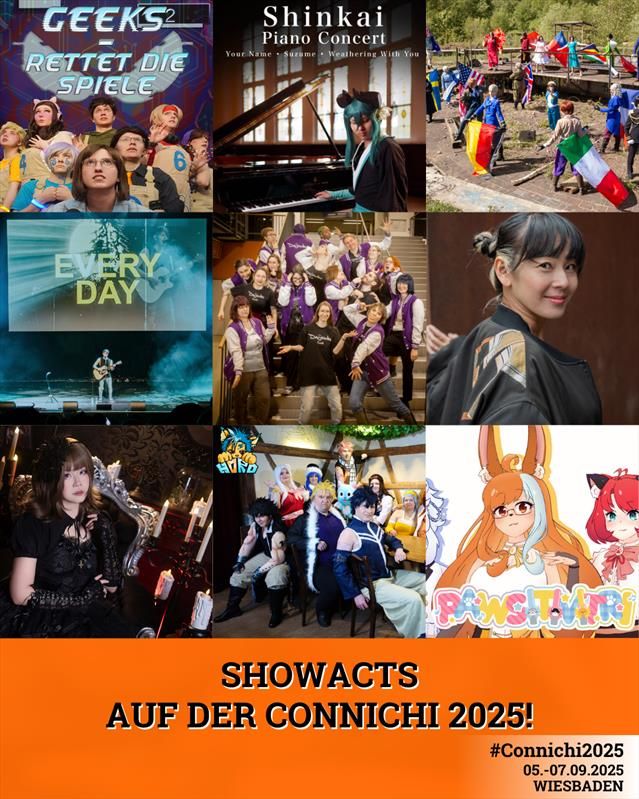 Das Bild zeigt alle 9 Showacts auf der Connichi: Junihuhn, Genesis, Horo, Nilo, Daijoubu, Shiroku, Tsuki no Senshi, Lex und Pawsitivitri
