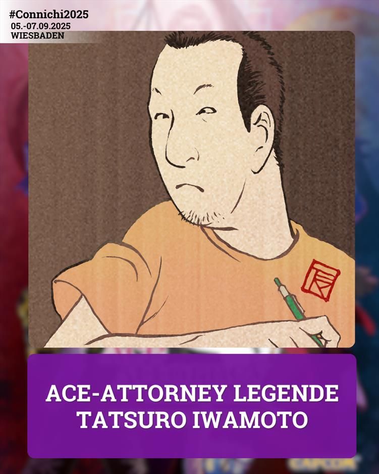 Ace-Attorney Legende Tatsuro Iwamoto auf der Connichi! Das Bild zeigt eine Illustration des Illustrators. 