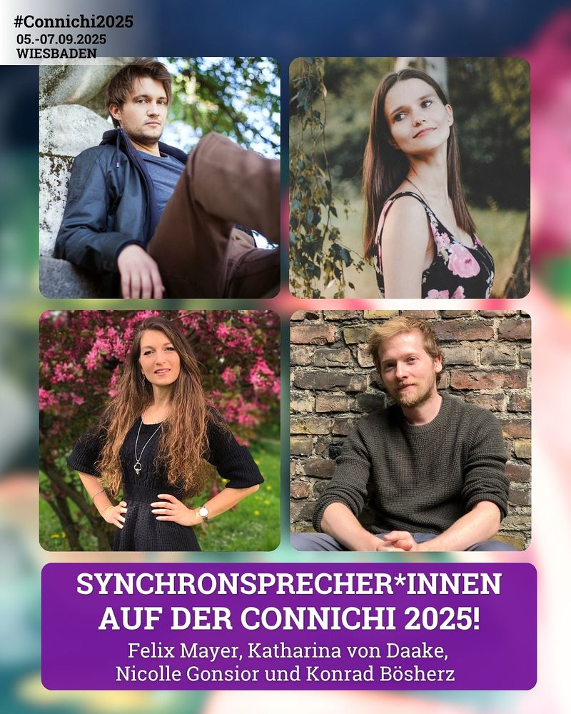 Synchronsprecher*innen auf der Connichi: Katharina von Daake, Felix Mayer, Nicolle Gonsior und Konrad Bösherz