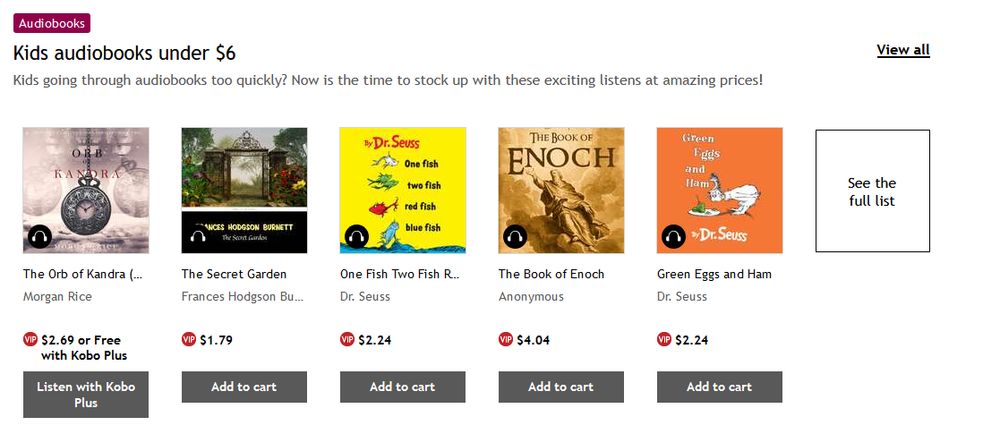 A screenshot of a sale page for audiobooks under the category "Kids audiobooks under $6". There are listings for "The Secret Garden", "Red Fish Blue Fish One Fish Two Fish", and "Green Eggs and Ham". There is also a listing for "The Book of Enoch".