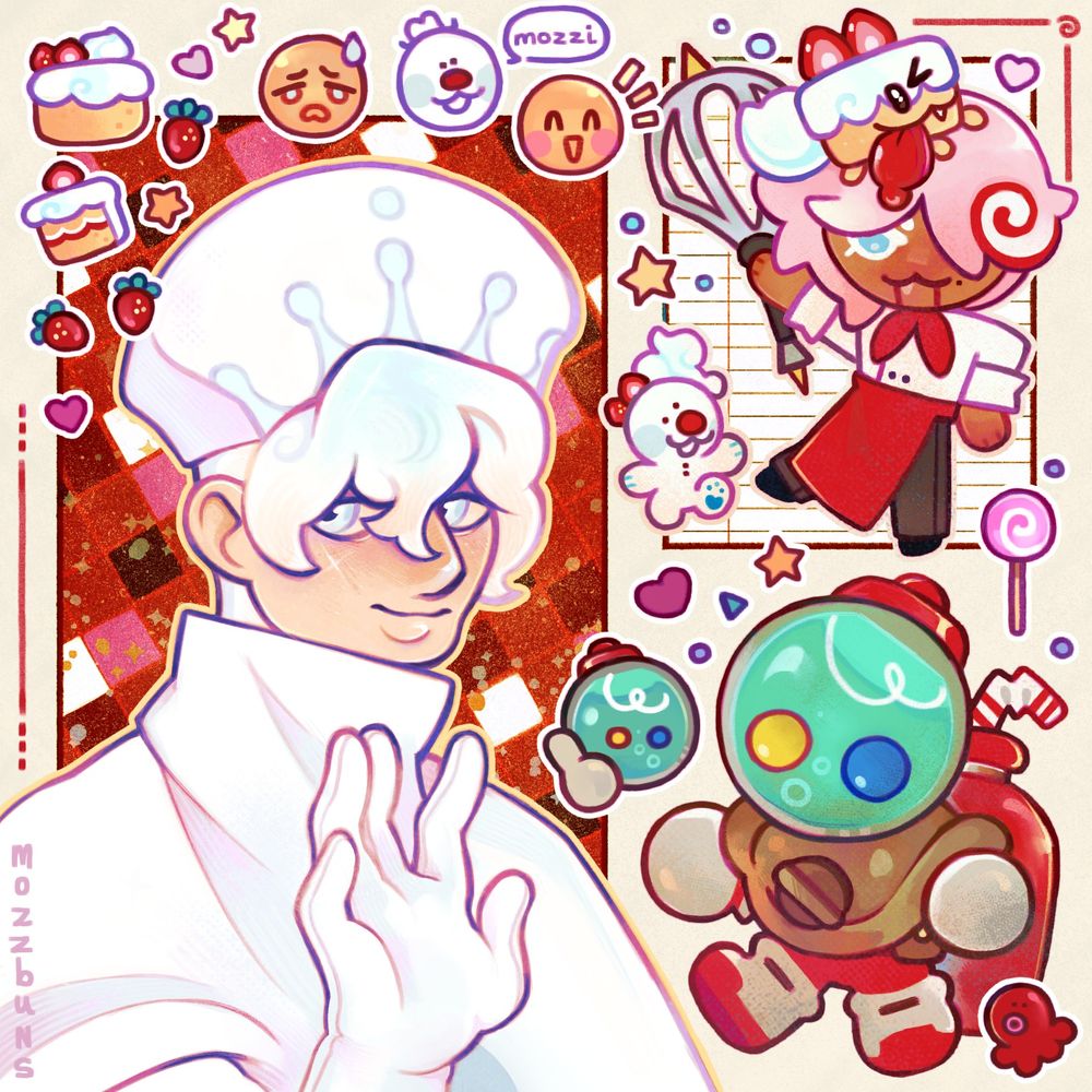 Drawing of two characters from the Cookie Run Kingdom game: Milk Cookie and Candy Diver Cookie. My Cookie Run OC in the top right corner and there are also several stickers scattered around the canvas: cake, hearts, stars, etc