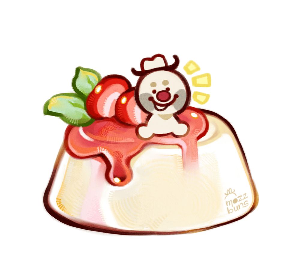 A drawing of my OC/Sona, Mozz, sitting on top of milk pudding that's covered in red syrup and chopped strawberries