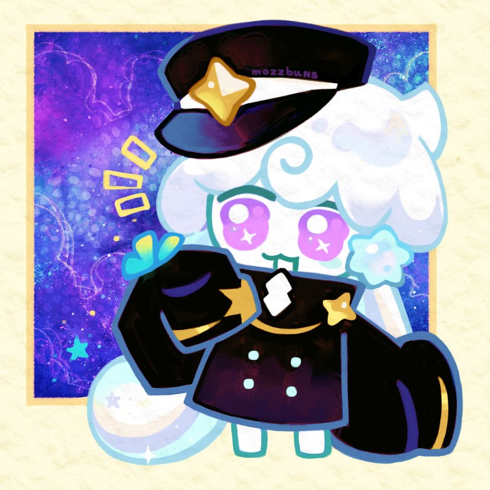 A drawing of Milky Way Cookie from Cookie Run Kingdom, looking at a butterfly 