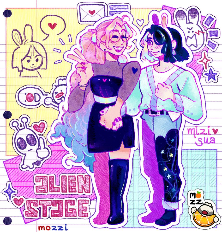 A drawing of Mizi and Sua from Alien Stage going on a little date. There are several stickers in the background with sticky notes
