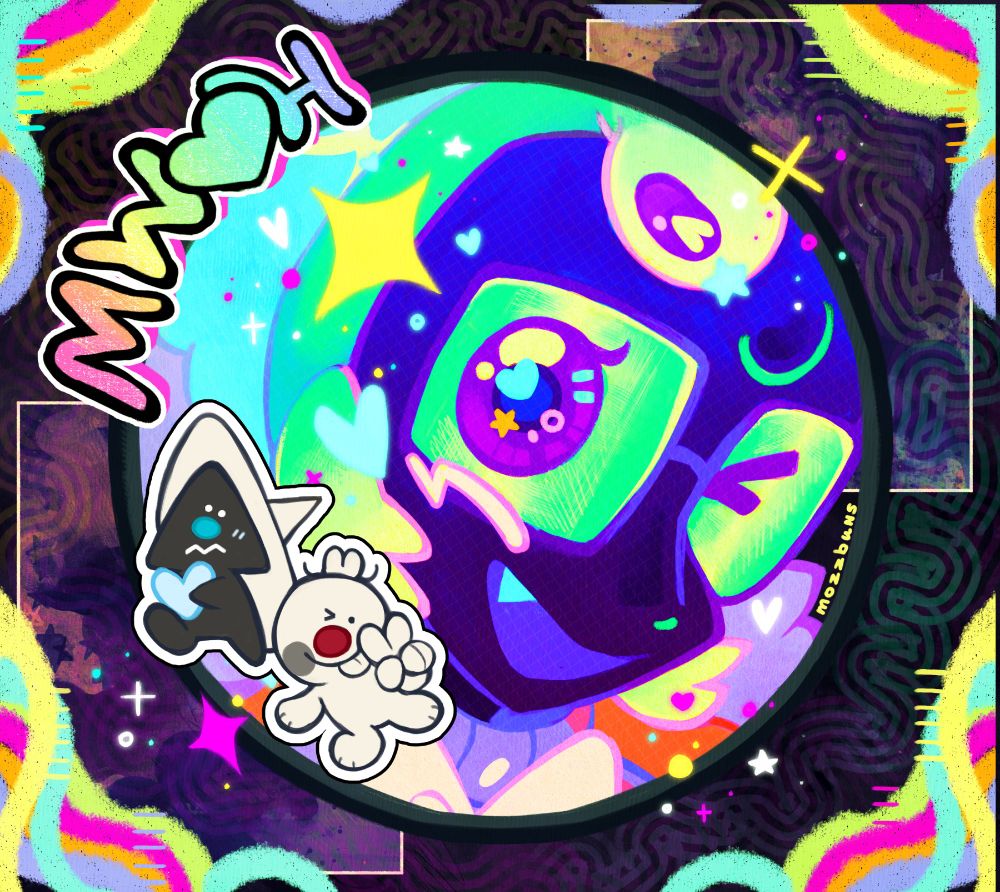 Drawing of my sona, Mozz, looking into the screen with the main inspiration being from the DECO*27 song, 'Monitoring. There's doodles of Mozz and Mazz as stickers and the word, MWAH on the top left of the center circle