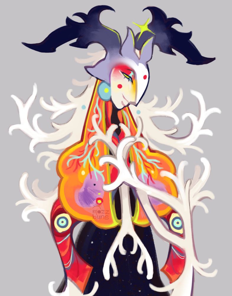 A drawing of my OC, Tam-yog, staring at you with lidded eyes, gently smiling while one tendril is placed on it's torso. It's neck a translucent sac of fluid with veins twisting at the top, white tendrils come from it's back and there are two other eyes near it's shoulders that are wide open. The background is a light gray-blue. 