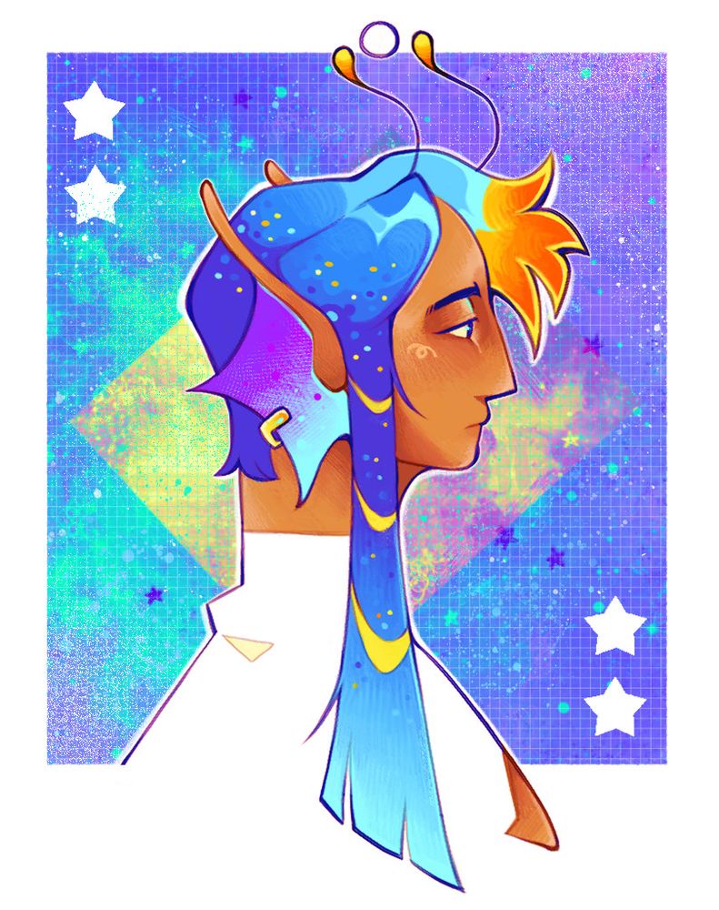 Drawing of my OC, Shrimpton, in front of a starry background