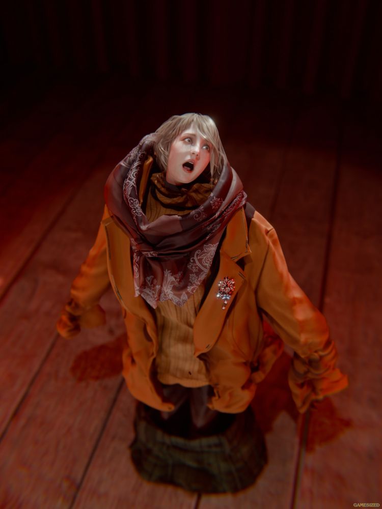 Render 2 of 4. Ashley is now at 50% scale and being swallowed up by her clothes, which haven't shrunk with her. She looks alarmed by this turn of events, to say the least.
