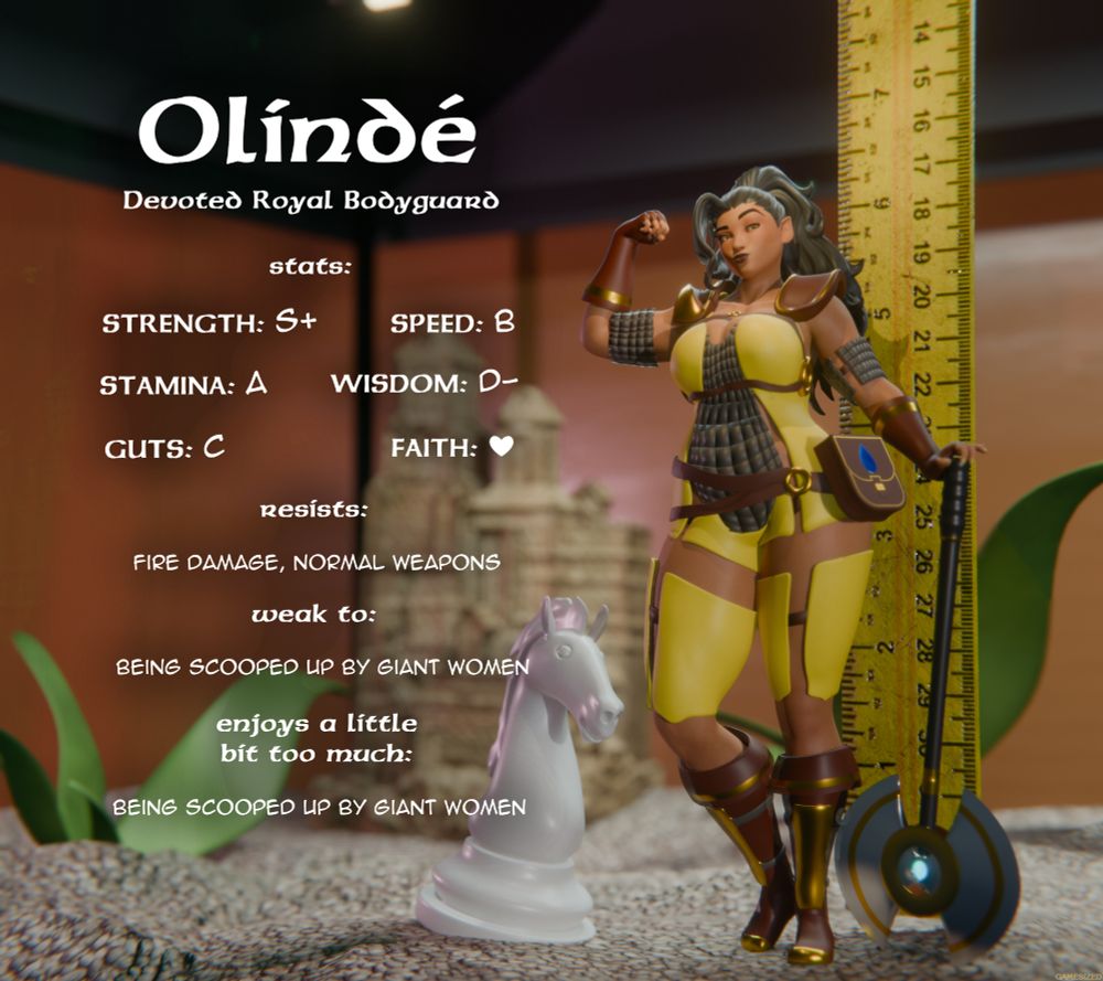 stats and pinup render of Olinde, who stands posed in a fishtank with a ruler and a chess piece for scale.