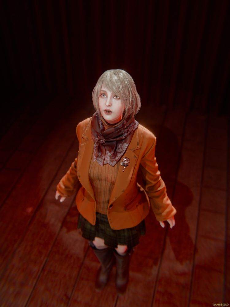 Render 1 of 4. Ashley Graham from the remake of Resident Evil 4 stares into a spotlight and has already begun shrinking (90% scale)