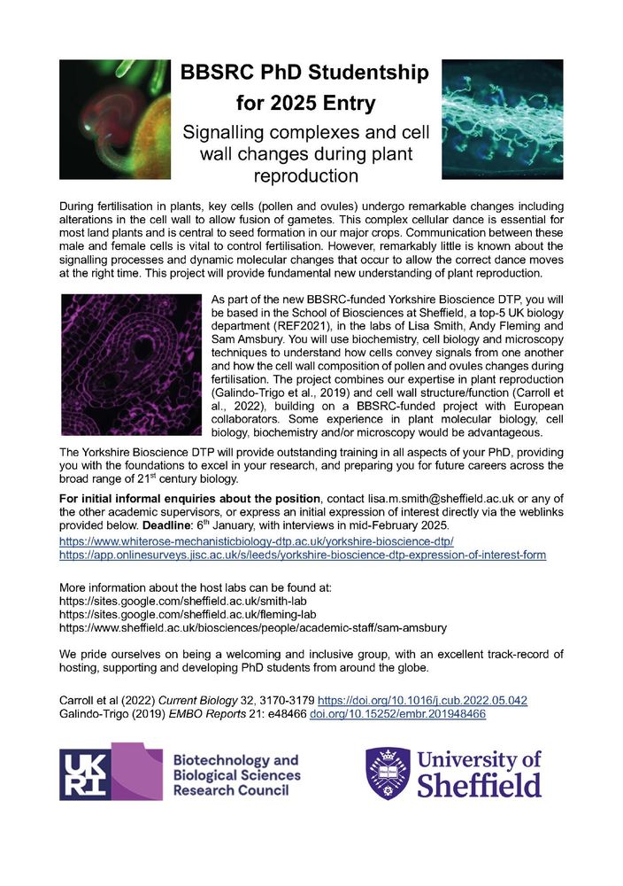 Description of the PhD project. Similar text available at https://www.findaphd.com/phds/project/signalling-complexes-and-cell-wall-changes-during-plant-reproduction/?p177787