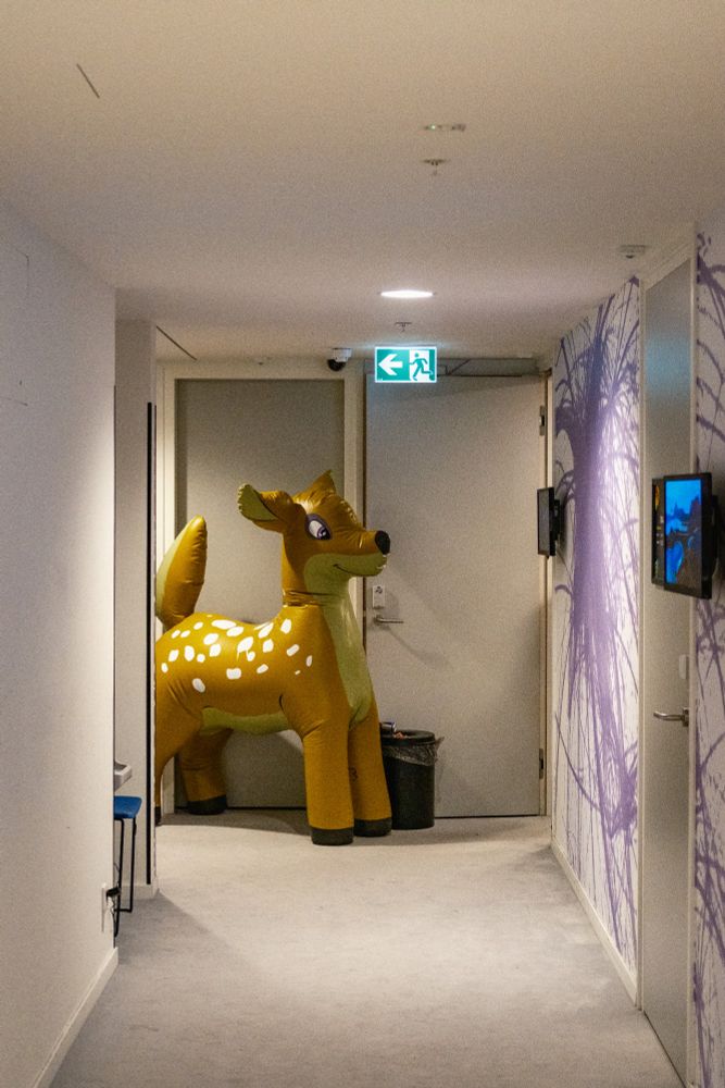 An inflatable deer at the end of a long hallway.