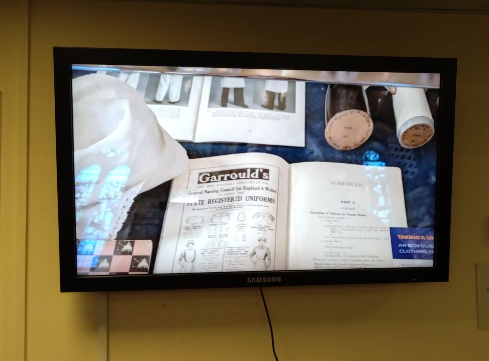 New display screen in the library, showing an exhibition about nursing history