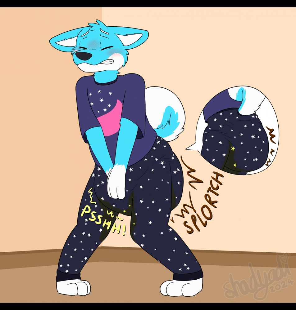 This image is the same as the first except his pants are pulled up and hide his pull-ups somewhat. Though you can still see the bulge from his pull-ups. His pants are visibly soaked with more pee.
My sona Lux, a blue Anthro Husky. He is wearing a dark purple short sleeve shirt with a big pink crescent moon on the front and little white stars above it.  He is also wearing long dark purple pajama pants with little white stars on them. They are currently pulled down to his ankles. A yellow spot can be seen on the bottom of the pants. His pajama pants conceal the bulge of a pull-up. The front of his pajama pants are stained yellow heavily as pee leaks from the sides of his pull-up and soaks his panrs. A large bulge is present in the back of his pants as he is also pooping in them too. He is looking extremely embarrassed. His eyes are closed and look of strain is on his face as he tried his best to hold it but could not stop from having an accident in his pull-ups. His tail is raised and his paws are both pressed into the front of his pull-ups as he attempts to stop the accident but is not able to.