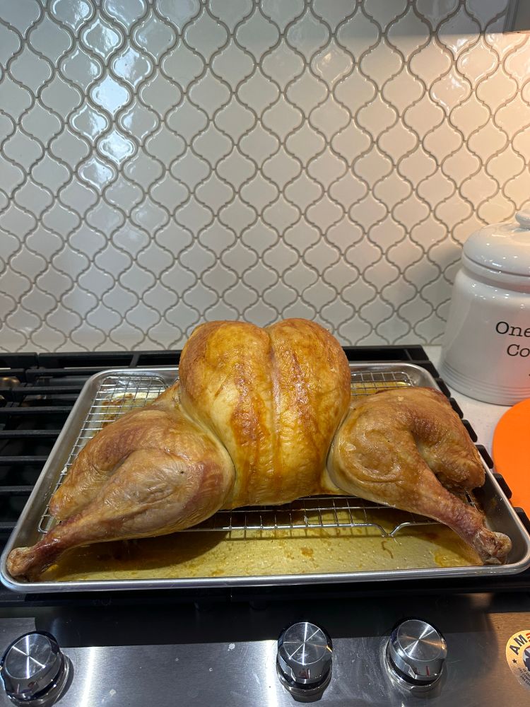 Lopsided but fully cooked spatchcocked turkey resting on steel pan on stovetop