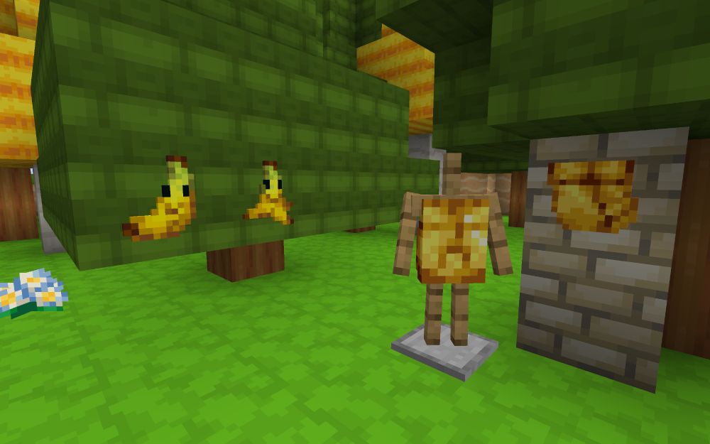 A Minecraft screenshot showcasing several modded items from the Alex's Mobs mod retextured in a Mario theme. They include Banana and Banana Peels as typical mario universe style bananas with eyes, and the Crocodile Chestplate themed around King K Rool's golden belly armor