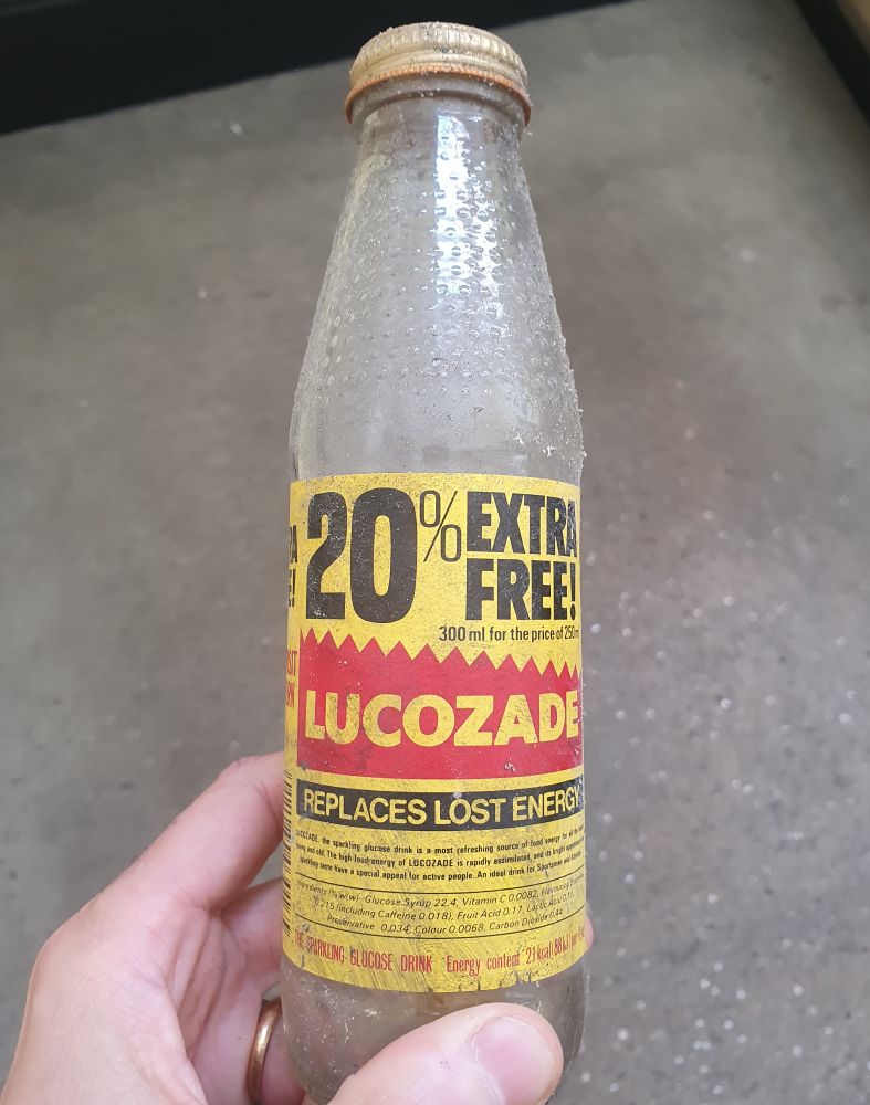 A glass Irish Lucozade bottle, of unknown age.