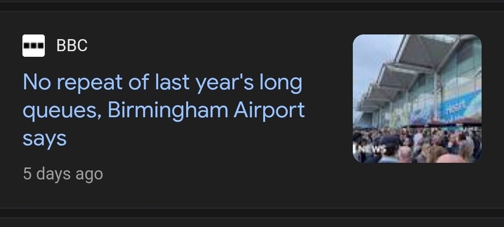 A 5 day old news article, presenting a statment by Birmingham airport that there are no queues as fact. In reality, the queues are awful.