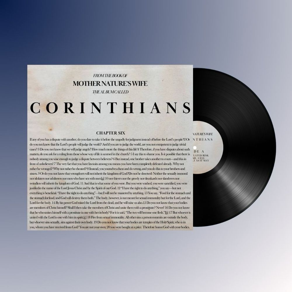 a mockup of the front of the album and a vinyl record appearing to be slid halfway out of the album sleeve 