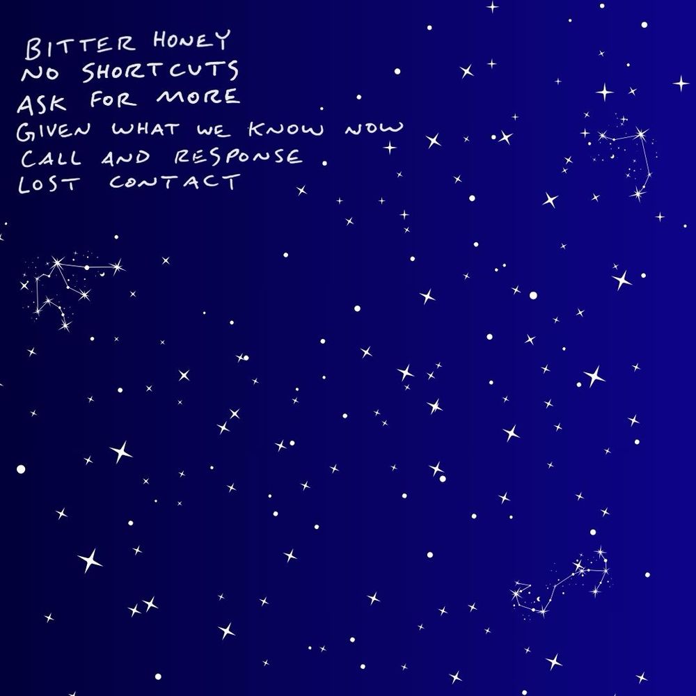 the back of the fake album "the lost contact EP." stars cover a dark blue sky with the aries, aquarius, and scorpio constellations thrown in. the track listing is bitter honey, no shortcuts, ask for more, given what we know now, call and response, and lost contact. the song titles are written in white handwriting in the top left corner