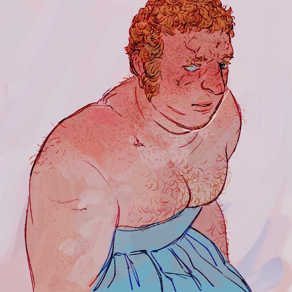 an unusually well groomed version of human chine with a deep scar bisecting his eyelid. he’s sort of hunched and vaguely uncomfortable wearing a light blue dress that emphasizes his cleavage 