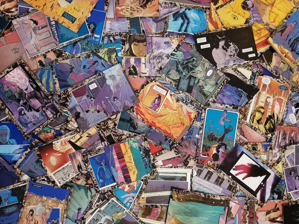 A spread of postcards featuring individual collages made from the TWO GRAVES comics issues