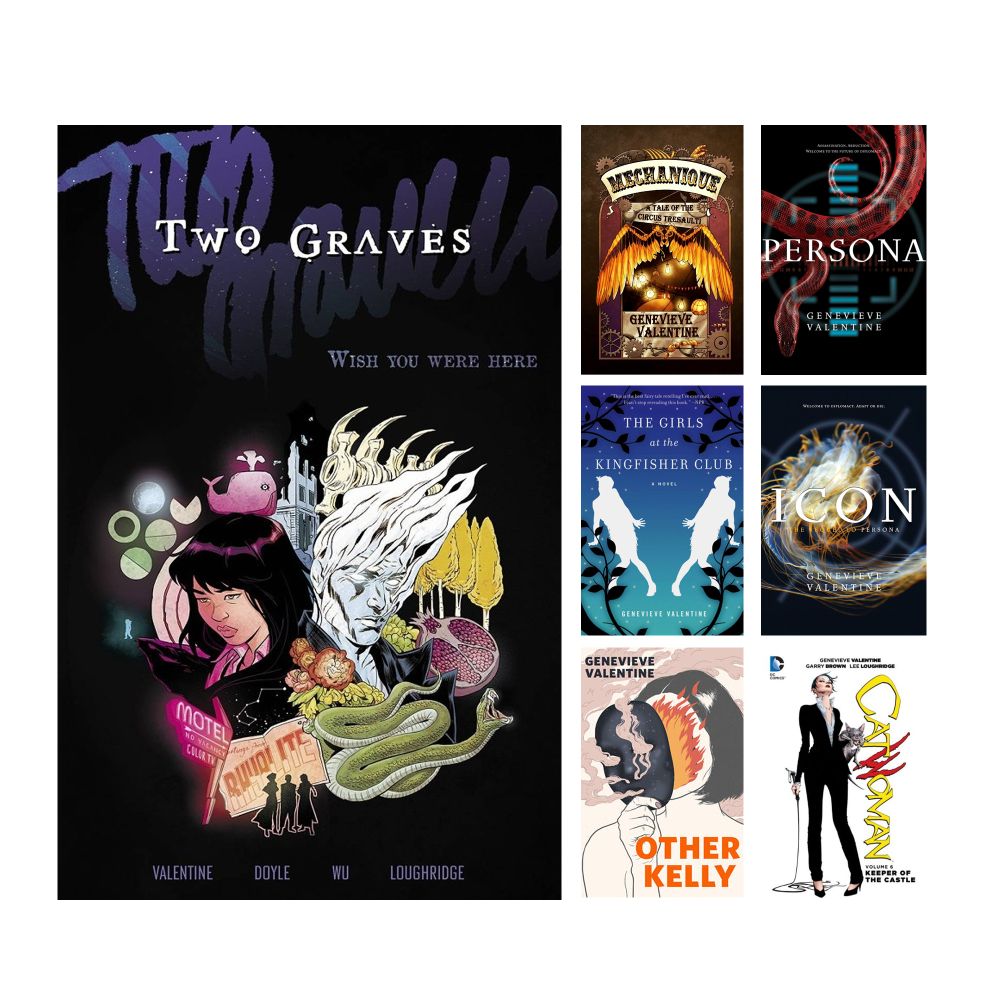 A collage of covers: Novels Mechanique, Persona, Icon, and The Girls at the Kingfisher Club; graphic novels Catwoman and Two Graves; short story cover for "Other Kelly"