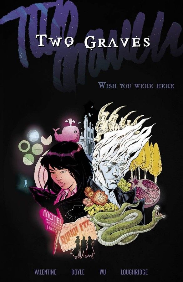 The cover of the first volume of TWO GRAVES; on a black ground, portraits of Emilia (drawn by Annie Wu) and Death (drawn by Ming Doyle) face away from each other, surrounded by elements of the road trip.