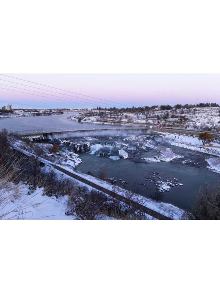 Great Falls and Missouri River covered on snow