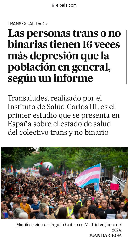 Las personas trans o no binarias tienen 16 veces más depresión que la población en general, según un informe
Transaludes, realizado por el Instituto de Salud Carlos III, es el primer estudio que se presenta en España sobre el estado de salud del colectivo trans y no binario