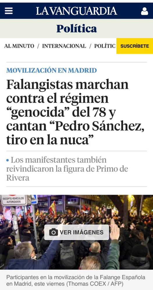 Falangistas marchan contra el régimen “genocida” del 78 y cantan “Pedro Sánchez, tiro en la nuca”
MOVILIZACIÓN EN MADRID
Los manifestantes también reivindicaron la figura de Primo de Rivera