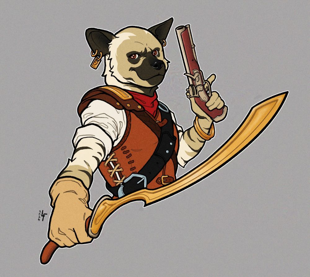 A gnoll wearing leather chest armour over a white shirt with rolled up sleeves and a red neckerchief, wielding a khopesh in one hand and a flintlock pistol in the other.