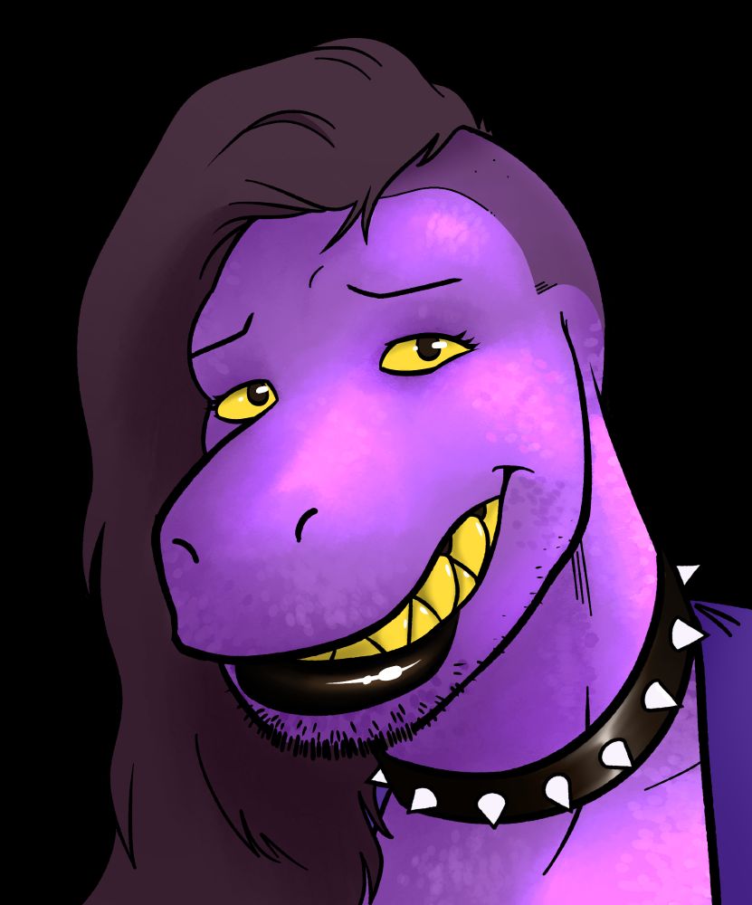 A headshot of Sue, a purple dragon wearing a spiked choker and shiny black lipstick.
