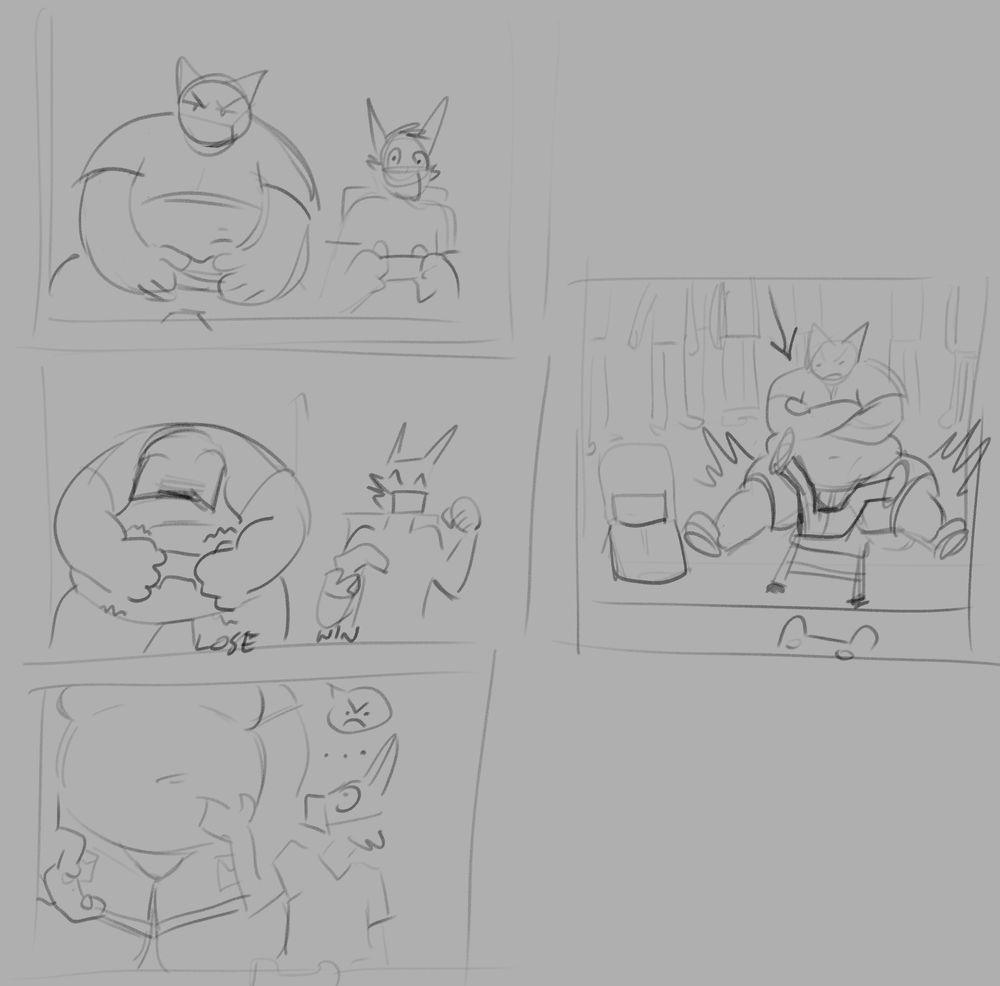 Henry and a shorter, scrawny anthro from a "livestream" cam POV. Henry loses, stands up and fills the frame with his body. The next panel is him slamming down on the opponent as a crowd watches.