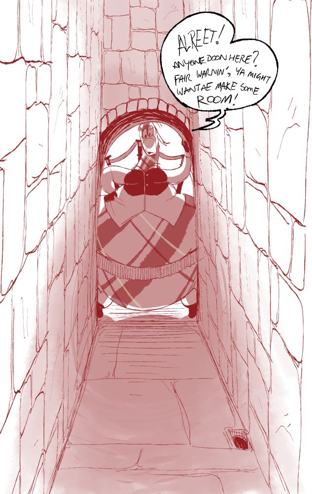 Dani, an 8 foot tall monorumped living bagpipe creature fills the entrance of a stone archway leading into a narrow alley. She shouts in a Scottish accent, "Alright? Anyone down here? Fair warnin', ya might want to make some room!"