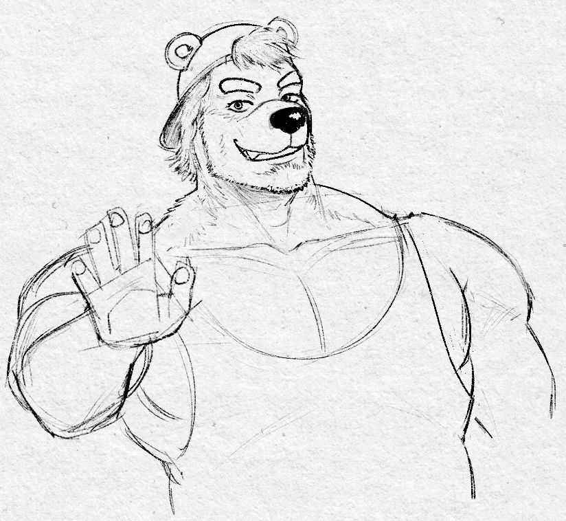 Rough initial sketch, trying to figure out the facial features. He wears a tanktop and waves at the viewer.