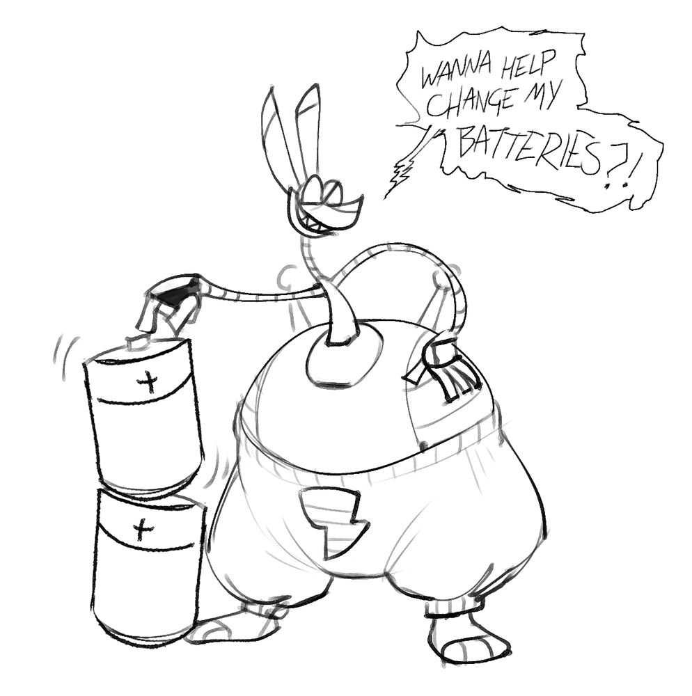 A robot rabbit with a rotund lower body balances a couple of large batteries next to him. He asks, "Wanna help change my batteries?"