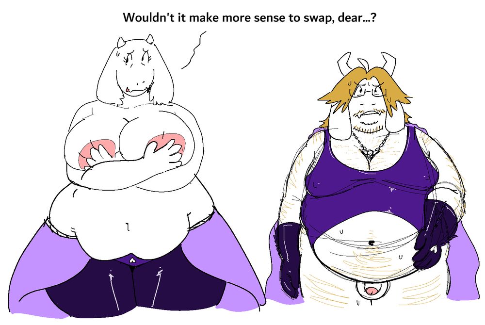 Toriel and College Asriel wearing the bottom and top halves (respectively) of a skimpy fantasy dress, clearly meant for Toriel