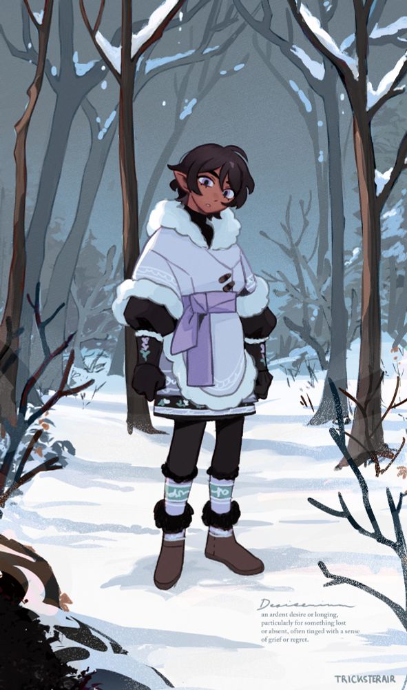 Colour illustration of a dark skinned elf standing in a snowy forest clearing.