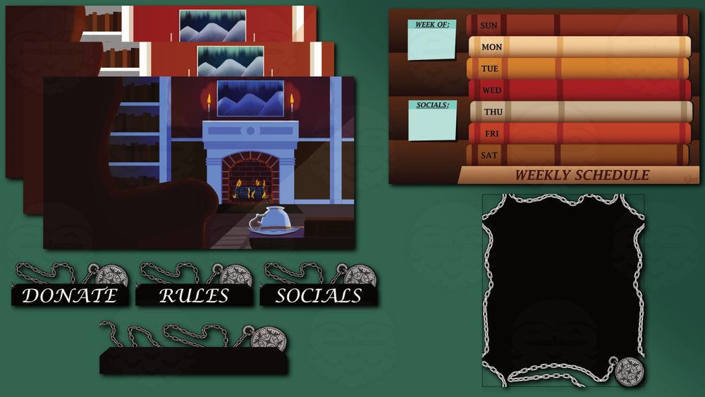 Images done for a client to be used on Twitch containing: a weekly schedule, chatbox, panels, & 3 scenes.