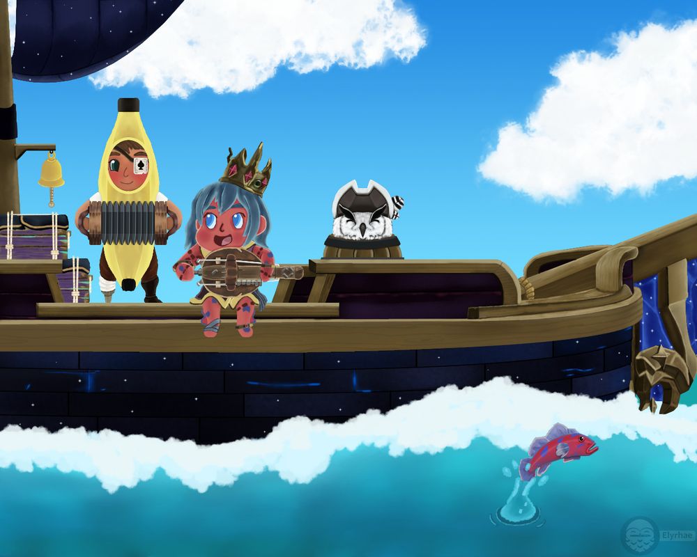 2 of 2 completed commissions for a client. This is a Sea of Thieves themed work where the client and her two friends are hanging out on her Lodestar themed ship!