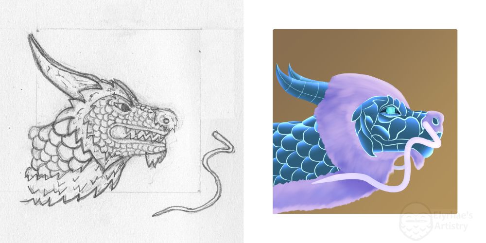 colorful inktober dragon versus original image.